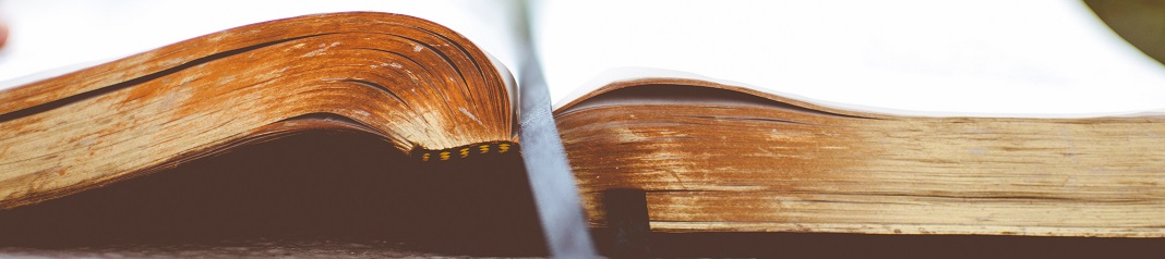 photograph of a bottom-view of an open book with a ribbon down the centre line